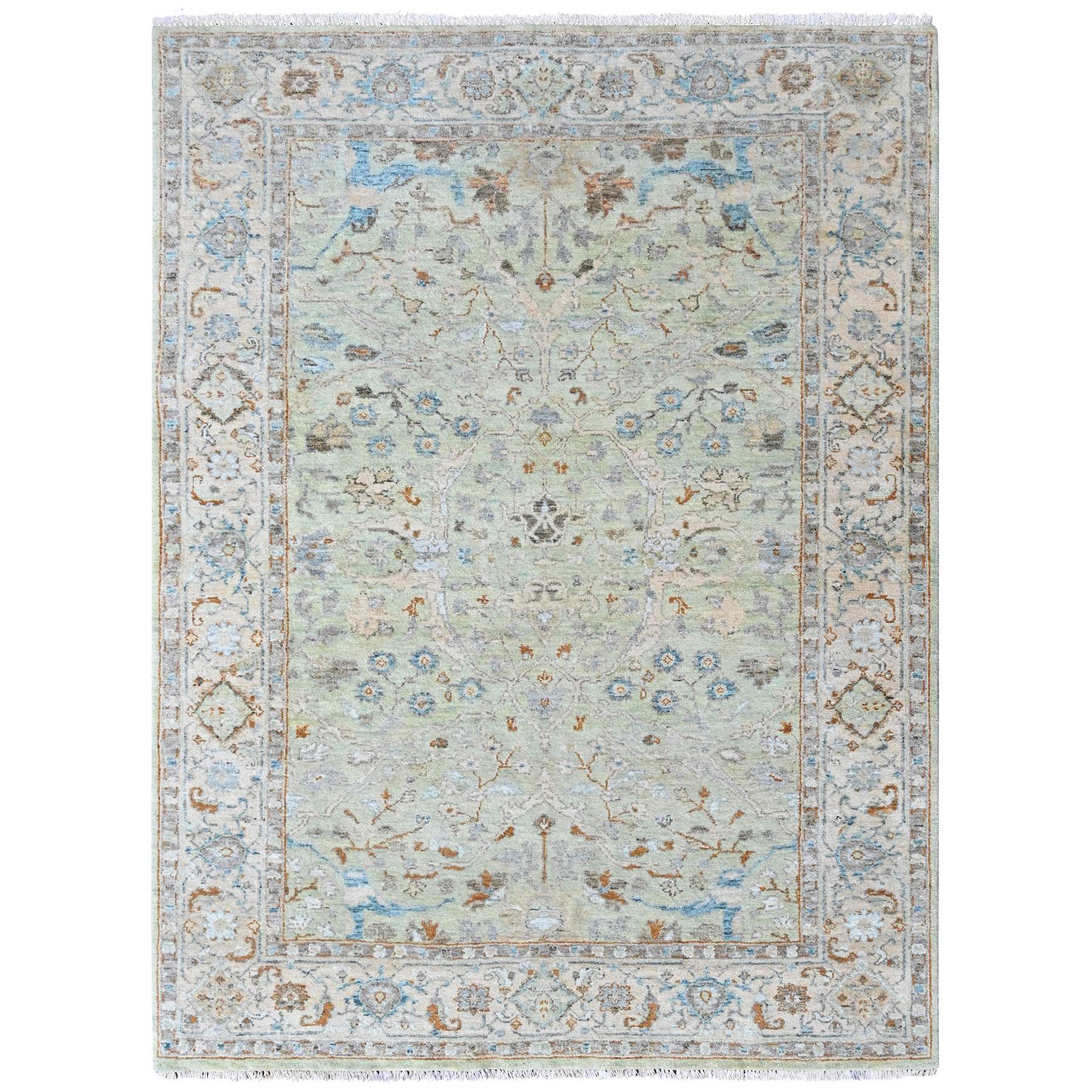 5'x7' Pistachio Green, Hand Knotted, Oushak with Floral Motifs, Pure Wool, Soft Pile, Denser Weave, Oriental Rug 